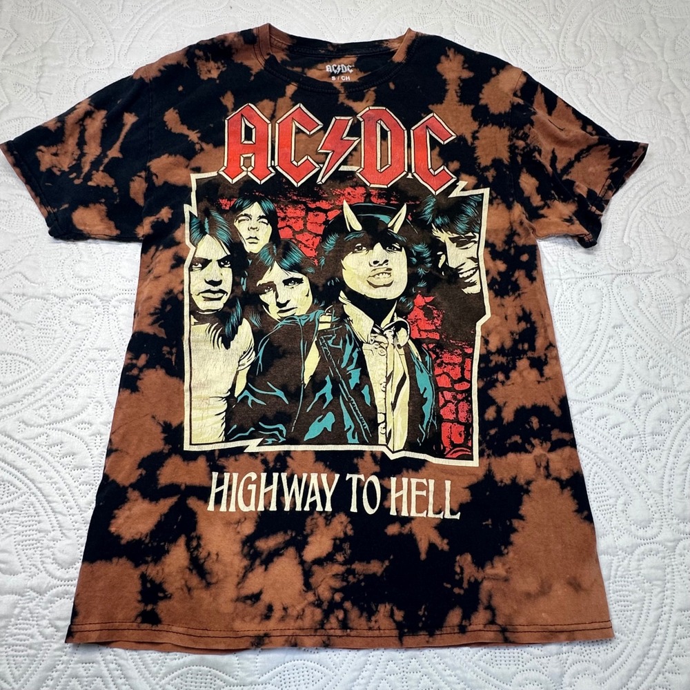 ACDC‎ Highway To Hell Bleach Tie Dye Graphic T-Shirt Orange Black Small